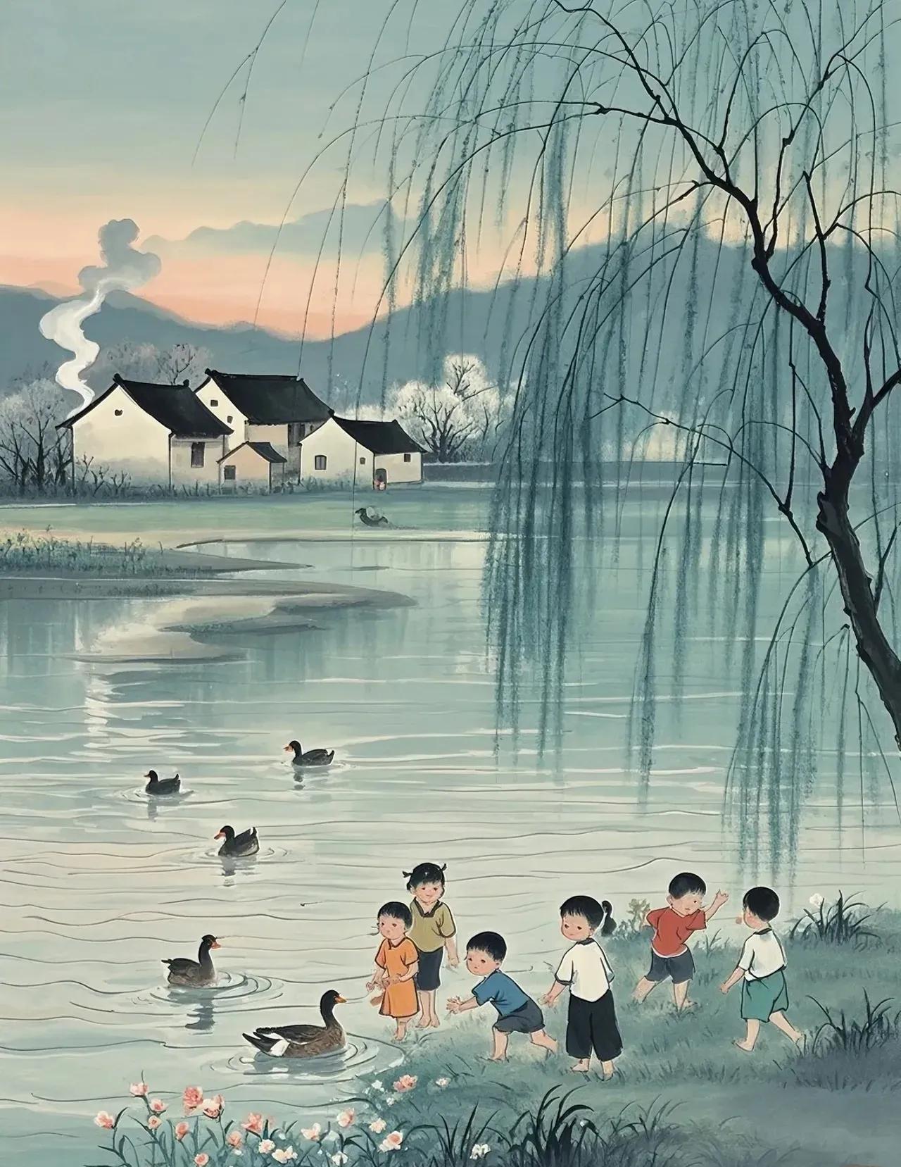 一塘碧水二三鸭，岸边